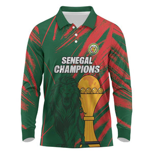 Custom Senegal Champions Football Long Sleeve Polo Shirt Lions of Teranga Rise Again