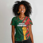 Custom Senegal Champions Football Women V-Neck T-Shirt Lions of Teranga Rise Again