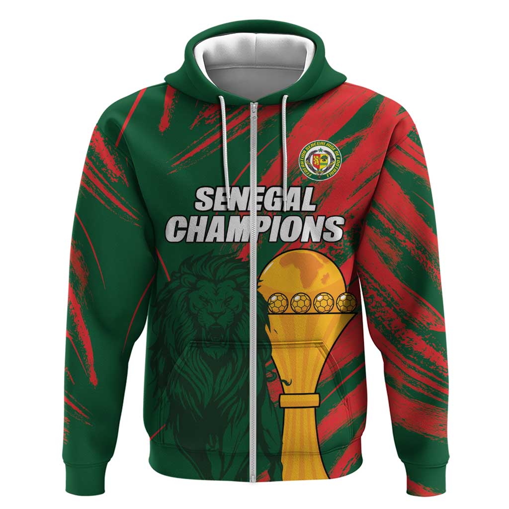 Custom Senegal Champions Football Zip Hoodie Lions of Teranga Rise Again