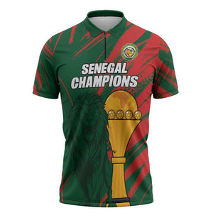 Custom Senegal Champions Football Zipper Polo Shirt Lions of Teranga Rise Again