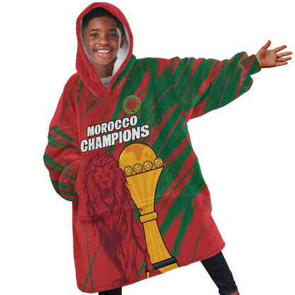 Custom Morocco Champions Football Kid Wearable Blanket Hoodie Atlas Lions Grunge Motif