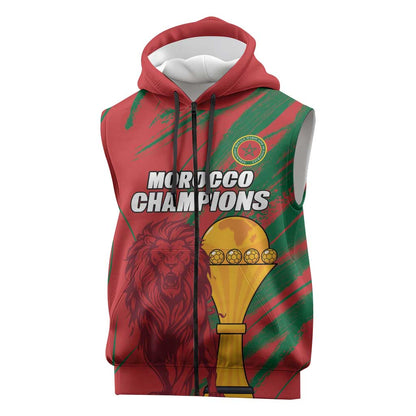 Custom Morocco Champions Football Sleeveless Zip Hoodie Atlas Lions Grunge Motif