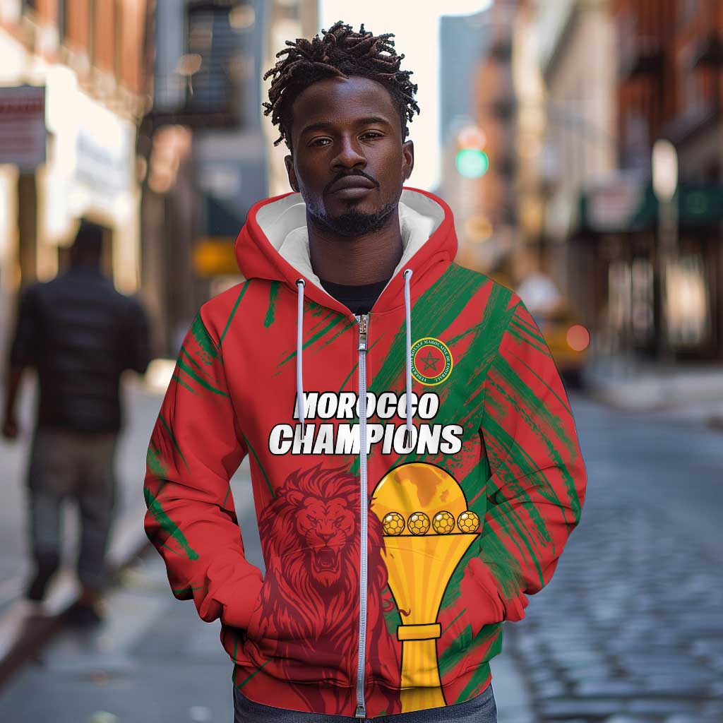 Custom Morocco Champions Football Zip Hoodie Atlas Lions Grunge Motif