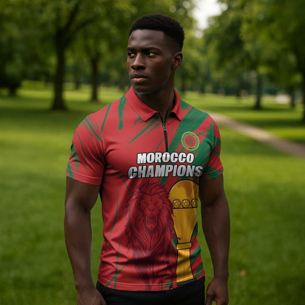 Custom Morocco Champions Football Zipper Polo Shirt Atlas Lions Grunge Motif