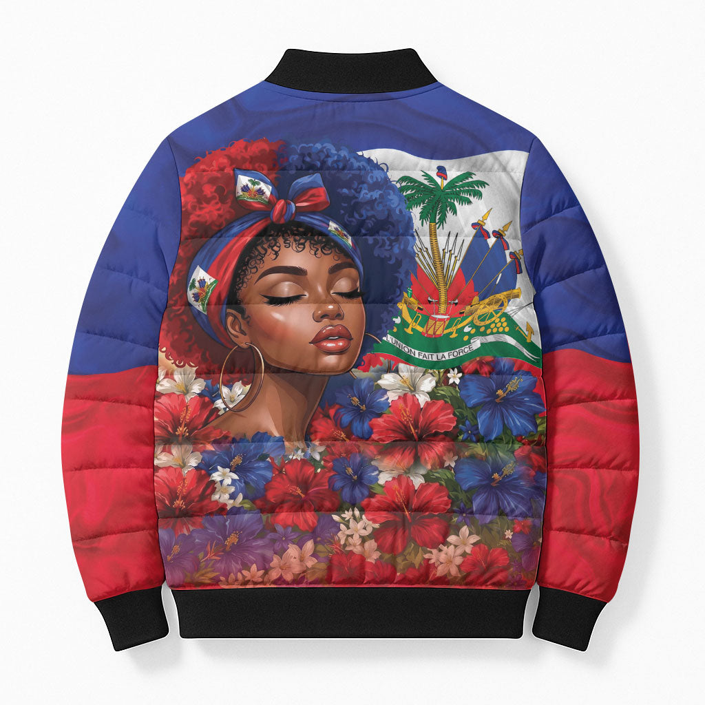 Haitian Princess Bomber Puffer Jacket Cultural Pride Floral Art