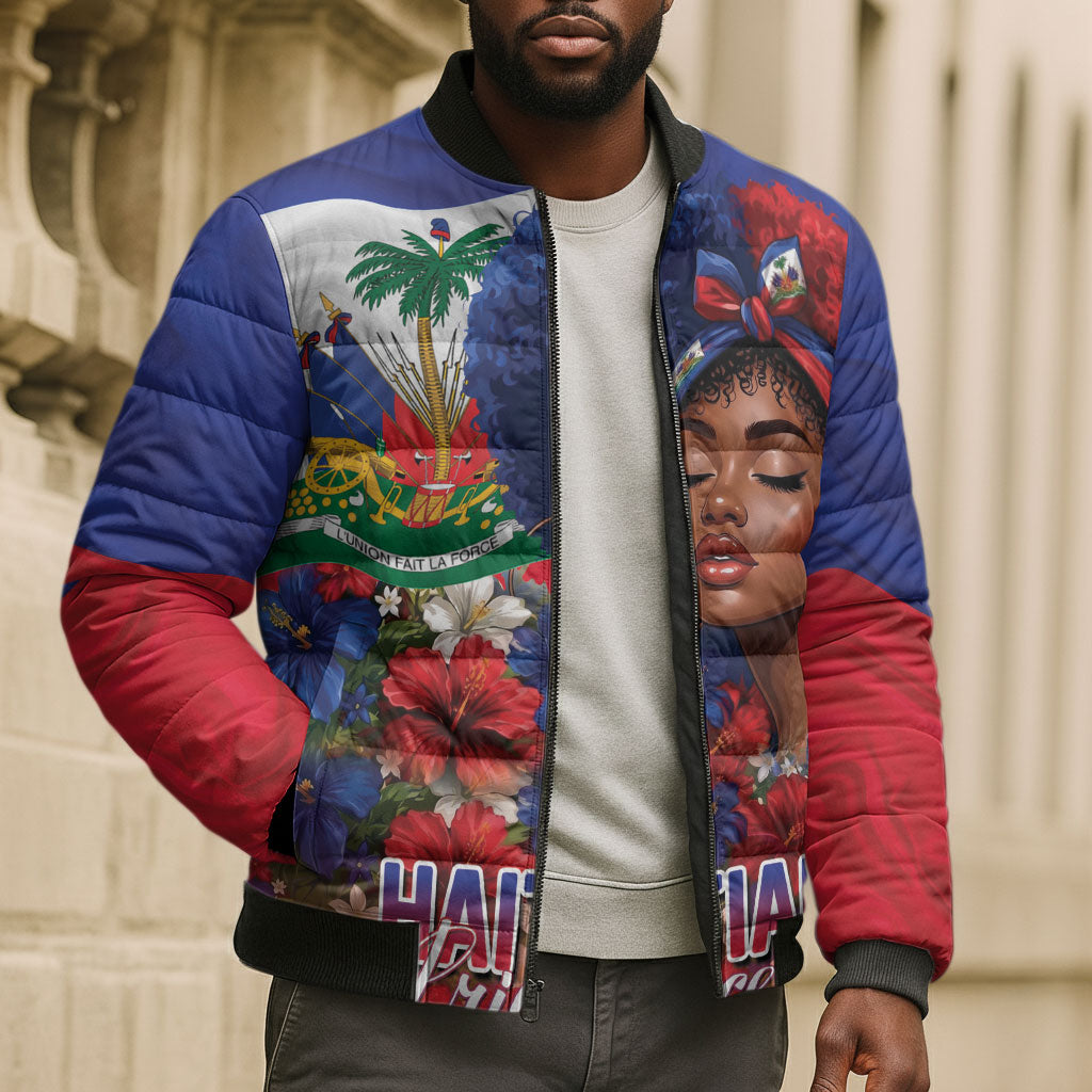 Haitian Princess Bomber Puffer Jacket Cultural Pride Floral Art