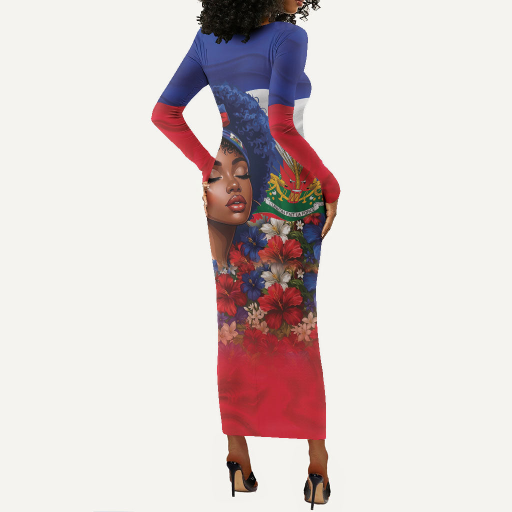 Haitian Princess Long Sleeve Bodycon Dress Cultural Pride Floral Art