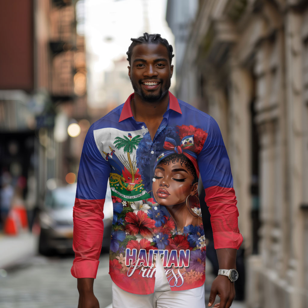 Haitian Princess Long Sleeve Button Shirt Cultural Pride Floral Art