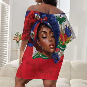 Haitian Princess Off Shoulder Short Dress Cultural Pride Floral Art
