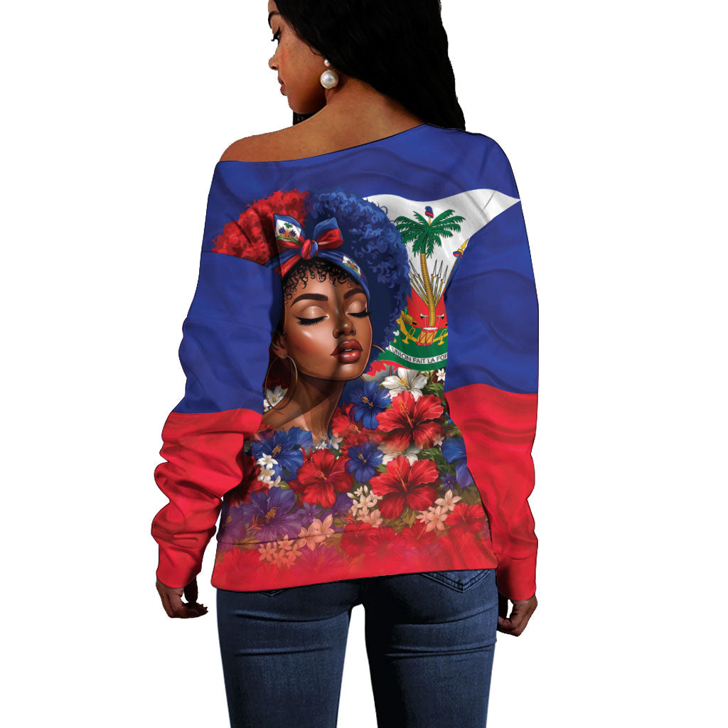 Haitian Princess Off Shoulder Sweater Cultural Pride Floral Art