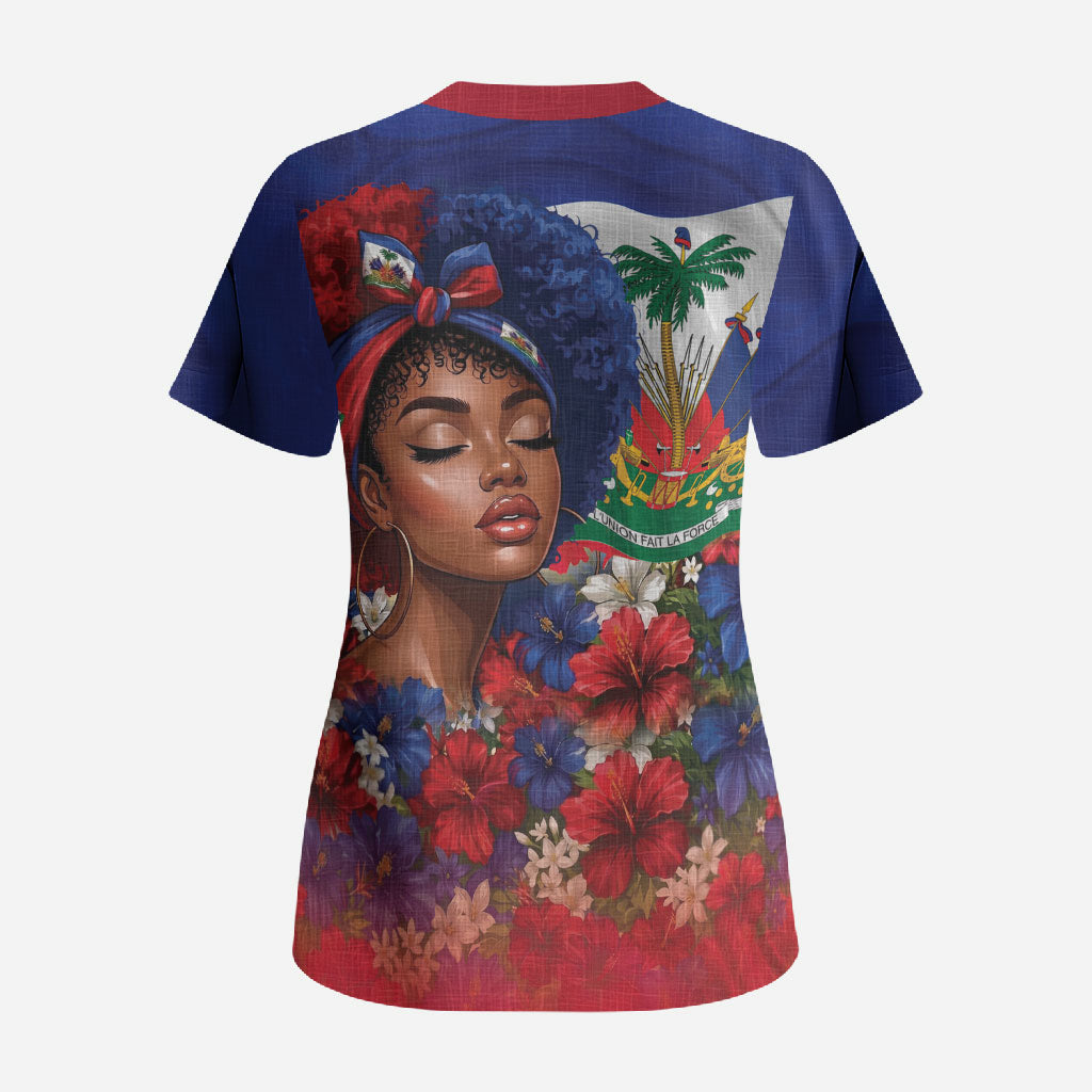 Haitian Princess Scrub Top Cultural Pride Floral Art