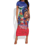 Haitian Princess Short Sleeve Bodycon Dress Cultural Pride Floral Art