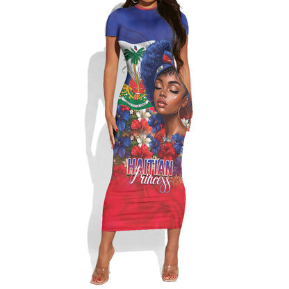 Haitian Princess Short Sleeve Bodycon Dress Cultural Pride Floral Art