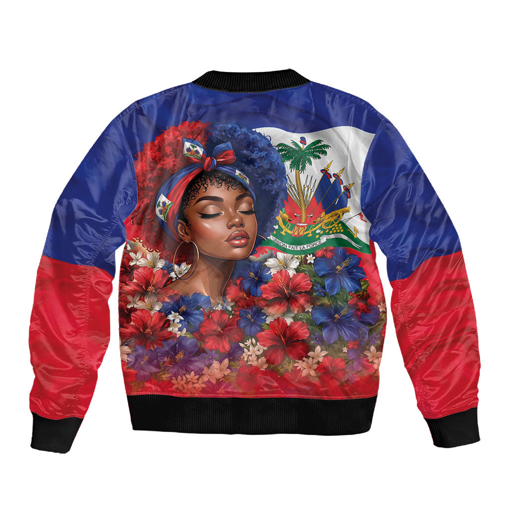 Haitian Princess Sleeve Zip Bomber Jacket Cultural Pride Floral Art