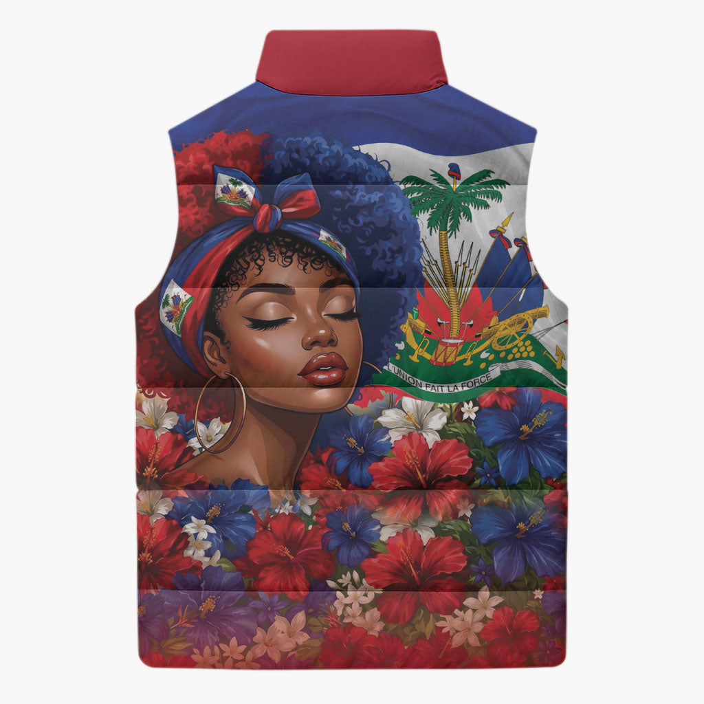 Haitian Princess Sleeveless Puffer Jacket Cultural Pride Floral Art