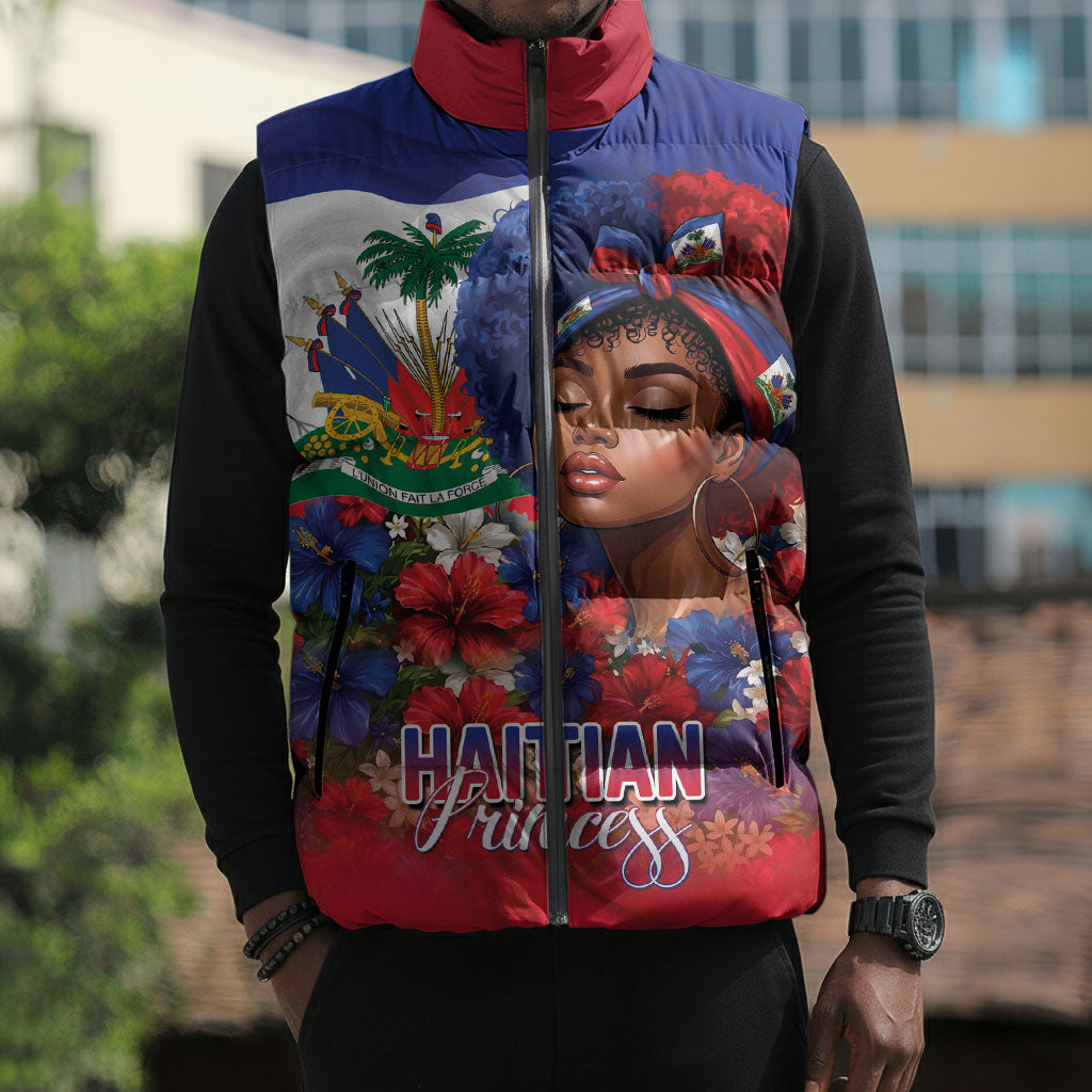 Haitian Princess Sleeveless Puffer Jacket Cultural Pride Floral Art