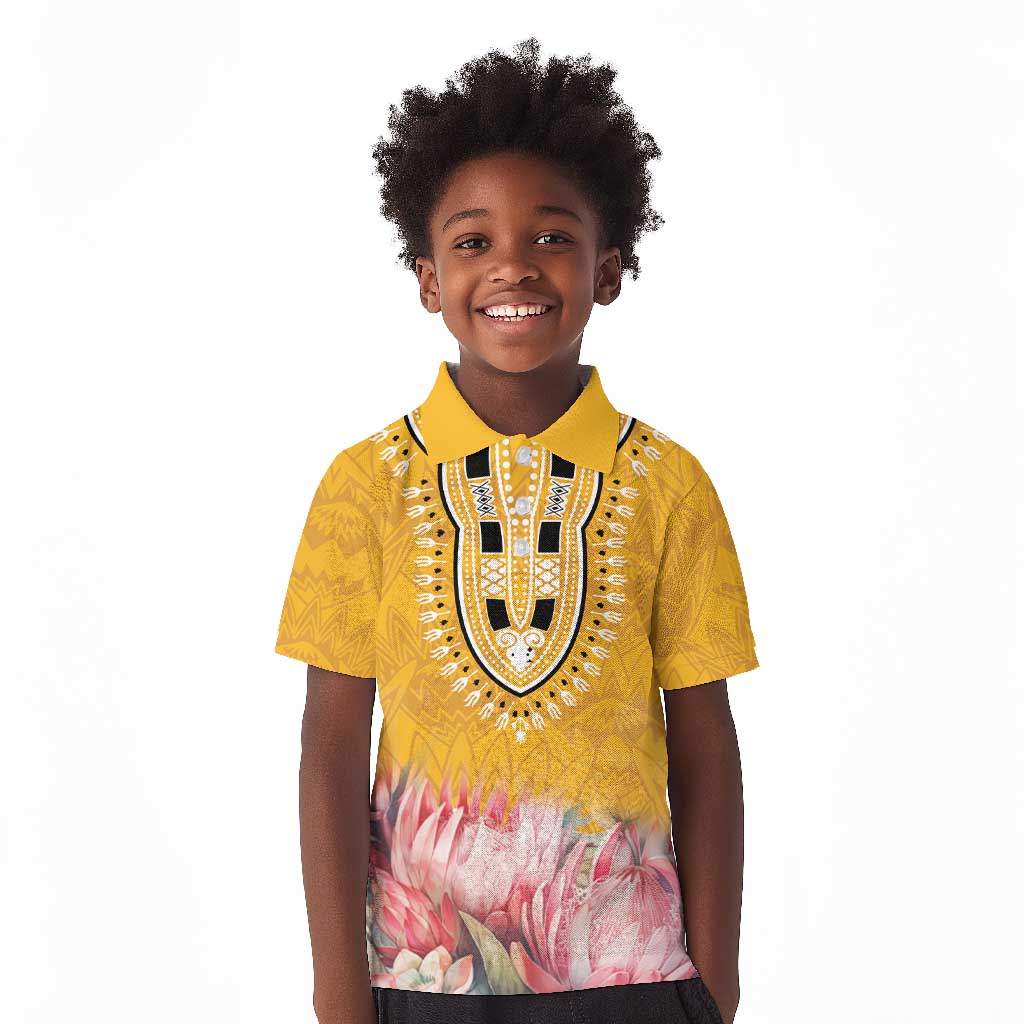 Africa Dashiki Kid Polo Shirt King Protea Floral Motif Patterns