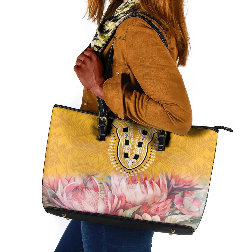 Africa Dashiki Leather Tote Bag King Protea Floral Motif Patterns