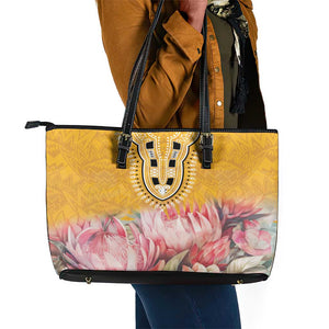 Africa Dashiki Leather Tote Bag King Protea Floral Motif Patterns