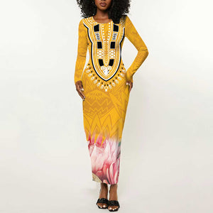 Africa Dashiki Long Sleeve Bodycon Dress King Protea Floral Motif Patterns