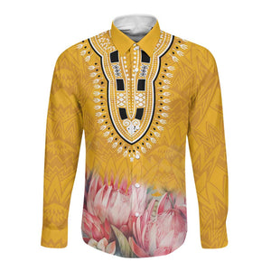 Africa Dashiki Long Sleeve Button Shirt King Protea Floral Motif Patterns