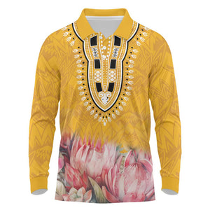 Africa Dashiki Long Sleeve Polo Shirt King Protea Floral Motif Patterns