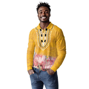 Africa Dashiki Long Sleeve Polo Shirt King Protea Floral Motif Patterns