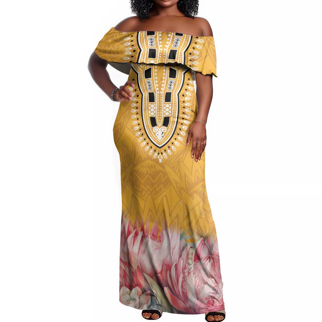 Africa Dashiki Off Shoulder Maxi Dress King Protea Floral Motif Patterns