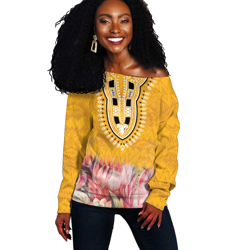 Africa Dashiki Off Shoulder Sweater King Protea Floral Motif Patterns