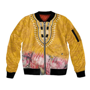 Africa Dashiki Sleeve Zip Bomber Jacket King Protea Floral Motif Patterns