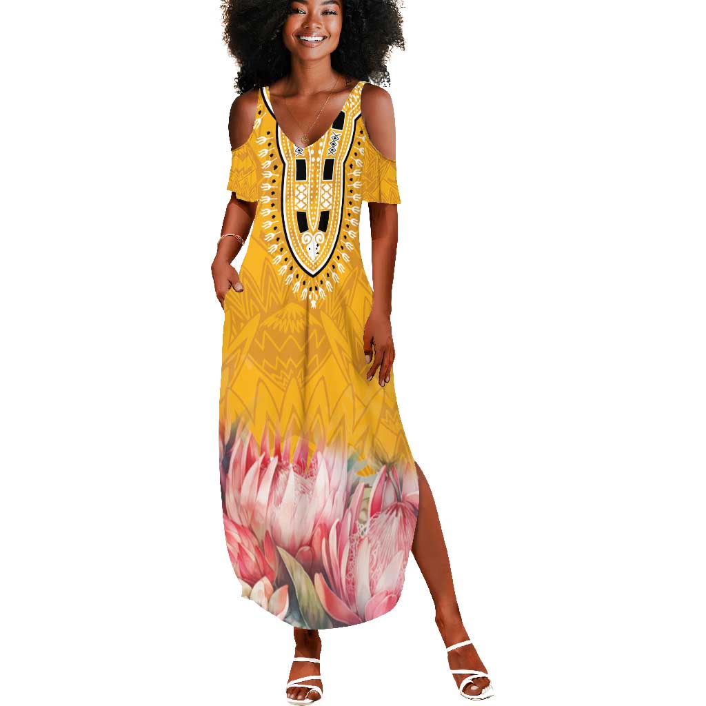 Africa Dashiki Summer Maxi Dress King Protea Floral Motif Patterns