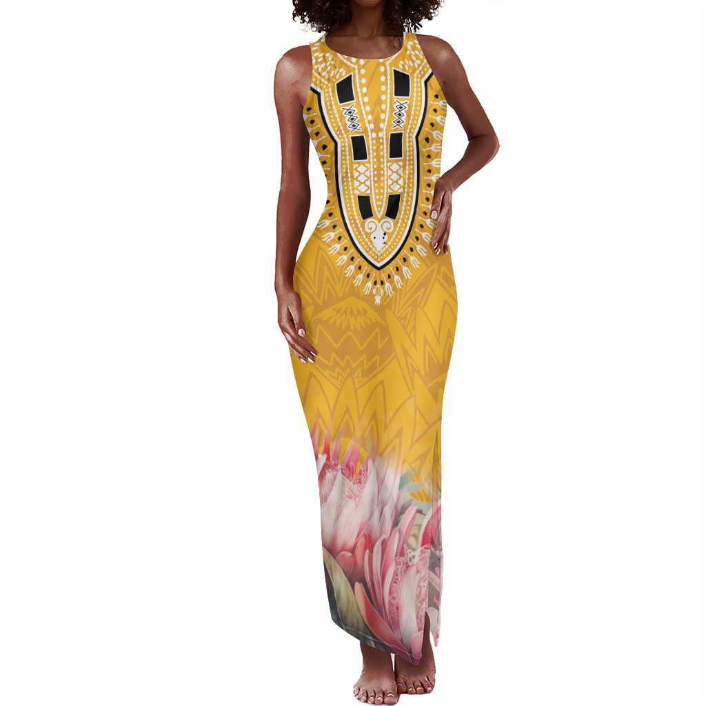 Africa Dashiki Tank Maxi Dress King Protea Floral Motif Patterns