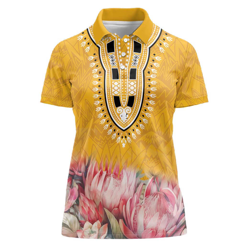 Africa Dashiki Women Polo Shirt King Protea Floral Motif Patterns