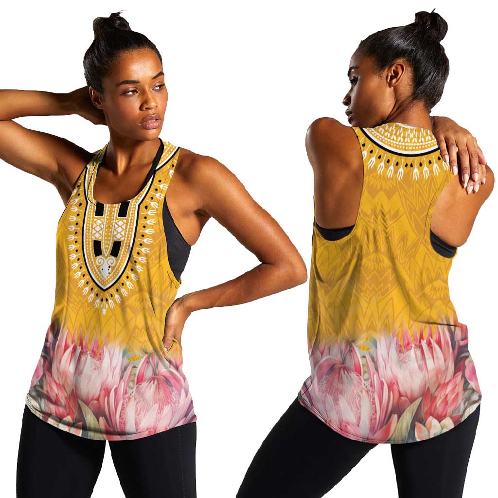 Africa Dashiki Women Racerback Tank King Protea Floral Motif Patterns