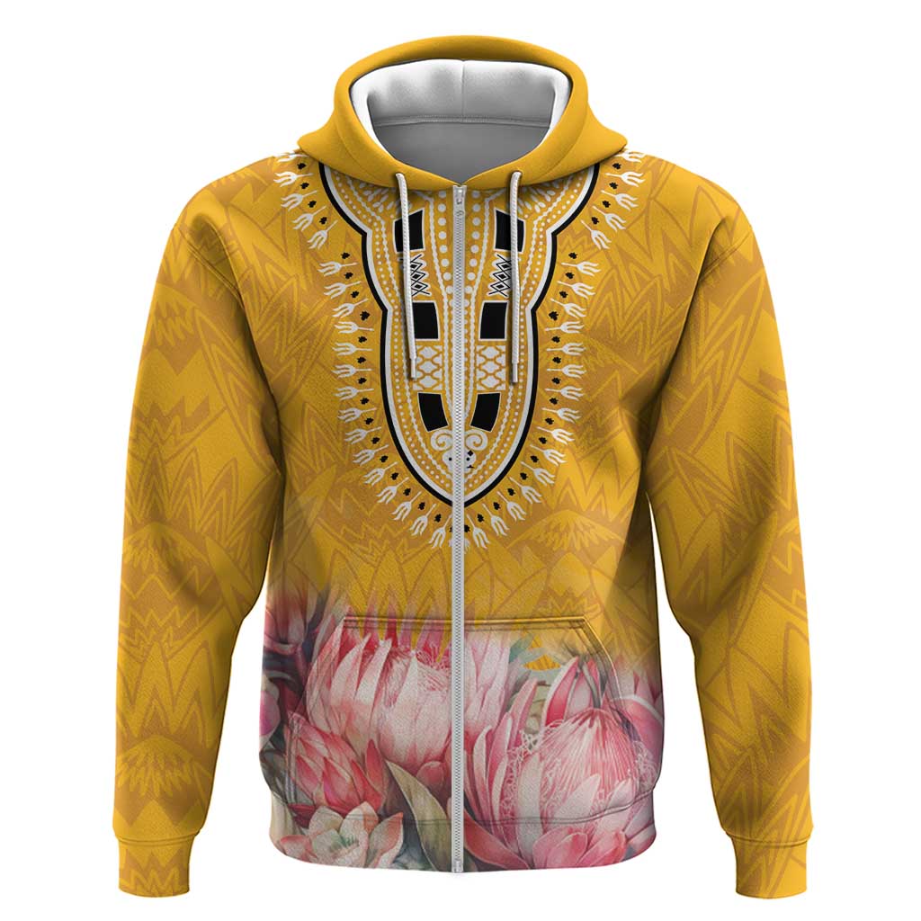 Africa Dashiki Zip Hoodie King Protea Floral Motif Patterns