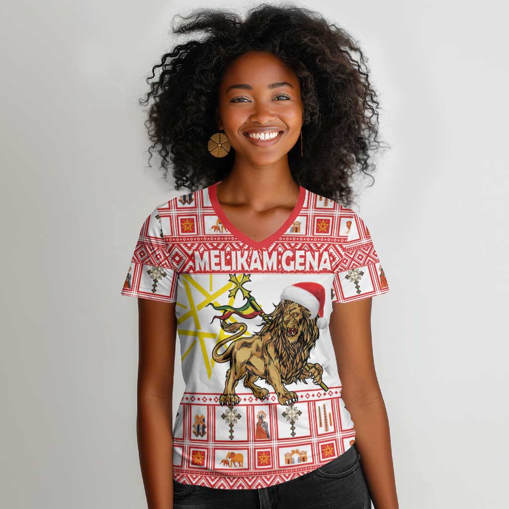 Personalized Ethiopia Melikam Gena Women V-Neck T-Shirt Merry Christmas Lion of Judah