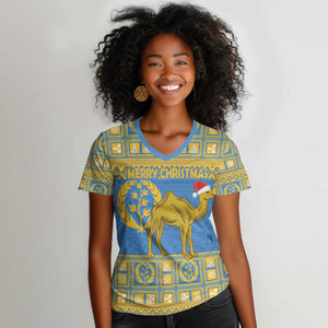 Personalized Eritrea Emblem Women V-Neck T-Shirt Ruhus Beal Lidet - Kente Pattern