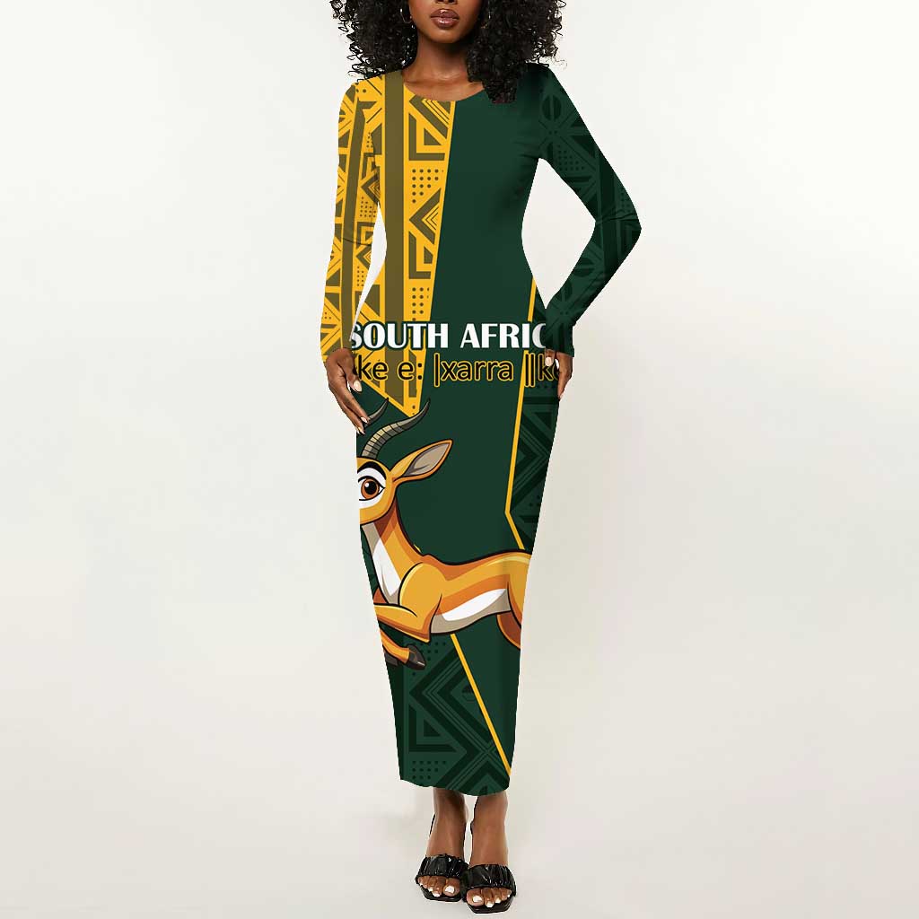 Custom South Africa Springbok Jumping Long Sleeve Bodycon Dress With Kente Patterns