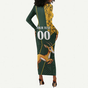 Custom South Africa Springbok Jumping Long Sleeve Bodycon Dress With Kente Patterns