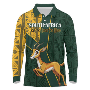 Custom South Africa Springbok Jumping Long Sleeve Polo Shirt With Kente Patterns