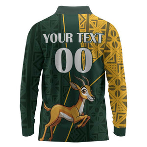 Custom South Africa Springbok Jumping Long Sleeve Polo Shirt With Kente Patterns