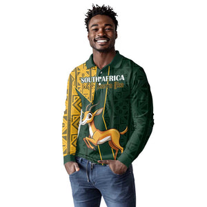 Custom South Africa Springbok Jumping Long Sleeve Polo Shirt With Kente Patterns