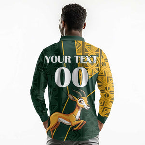 Custom South Africa Springbok Jumping Long Sleeve Polo Shirt With Kente Patterns