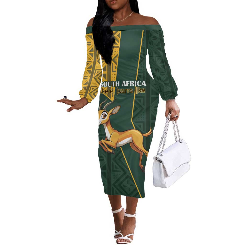 Custom South Africa Springbok Jumping Off The Shoulder Long Sleeve Dress With Kente Patterns