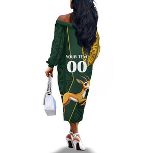 Custom South Africa Springbok Jumping Off The Shoulder Long Sleeve Dress With Kente Patterns