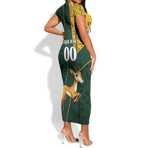 Custom South Africa Springbok Jumping Short Sleeve Bodycon Dress With Kente Patterns