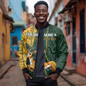 Custom South Africa Springbok Jumping Sleeve Zip Bomber Jacket With Kente Patterns