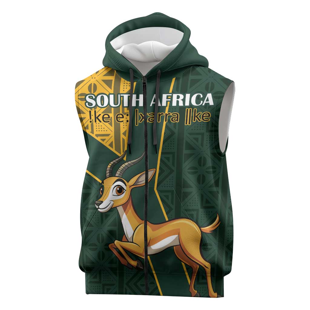 Custom South Africa Springbok Jumping Sleeveless Zip Hoodie With Kente Patterns - African Pride
