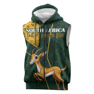 Custom South Africa Springbok Jumping Sleeveless Zip Hoodie With Kente Patterns - African Pride