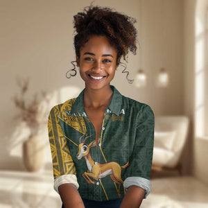 Custom South Africa Springbok Jumping Women Casual Shirt With Kente Patterns LT18